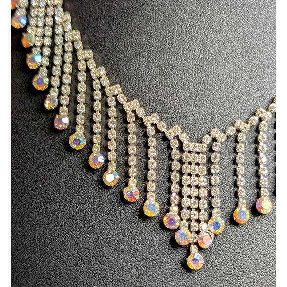 Rhinestone AB Crystal Fringe Dangle Silver Tone 17"-18" Necklace - Picture 7 of 10